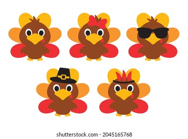 Cierra los pavos bebé con una imagen vectorial de arco, gafas de sol, sombrero y pluma.