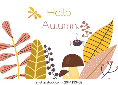 Geräumiger Hintergrund mit Insekten, Pflanzen, Beeren und Pilzen. Hallo Herbst. Cartoon-Vektorgrafik