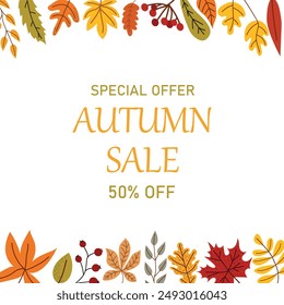 Cute fall banner template. Frame of fallen leaves. Autumn sale. Decorative natural flat vector illustration for seasonal sale, advertising.