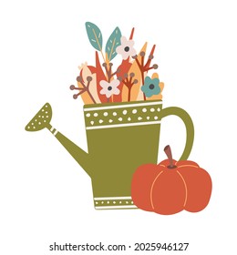 Cute fall clipart colourful watering can and pumpkin cozy design elements