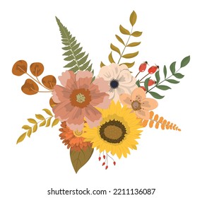 Cute fall colorful floral arrangement in rustic style with forest leaves. Flowers, color leaves, and berries. Isolated on white background. Autumn holiday cards design