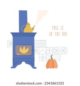 Cute fall cozy fireplace with boiling teapot vector illustration. Cozy interior with pumpkin, blue line tile.
