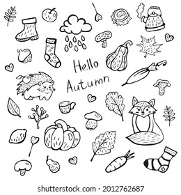 Cute fall doodle set with acorns. Hello Autumn. Cute hand drawings on the theme of autumn, fox, hedgehog, mushrooms, leaves, teapot, tea, heart, acorn. Black and white.
