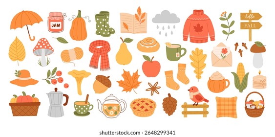 Cute fall elements set with autumn food, clothes, leaves, mushrooms, drinks and cozy seasonal items in flat hand drawn style
