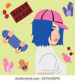 Cute Fall girl illustration with fall elements. Chocolate and leaves. Gemstone and cap.