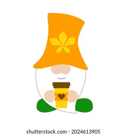 Cute fall gnome with coffee mug. Autumn decorative typography poster. Funny design. Vector illustration on white background
