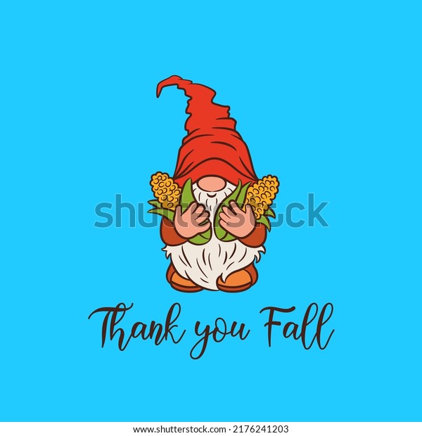 Cute fall gnome with corn on\
the cob. Funny little gnome character holding corns. Thank you fall\
short phrase. Autumn card design harvest cottagecore\
theme.