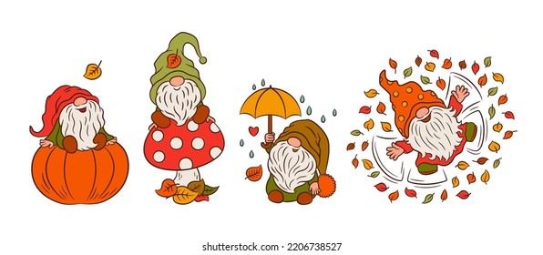 Cute fall gnomes children illustration  Autumn outdoor fun and adorable scandinavian nordic gnomes baby style vector  Fall objects like pumpkin  dry leaves  umbrella  toadstool 