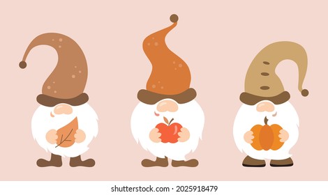 Cute Fall Gnomes Hold Different Things In Their Hands: Pumpkin, Red Apple And Autumn Leaf. Autumn Gnomes Set. Dwarf Fall Decor. Isolated On Beige Background.