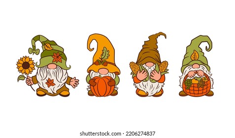 Cute fall gnomes set autumn harvest  clipart. Cottagecore garden theme. Sunflower, corn, vegetable basket. Funny nordic gnomes isolated on white background.