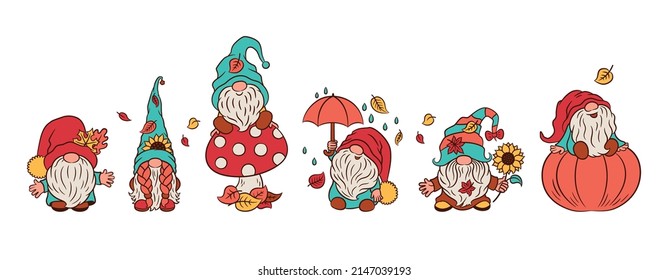 Cute fall gnomes set  Nordic gnomes characters vector illustration  Cartoon style  Funny little dwarf image  Adorable gnomes autumn theme  For season greeting  thanksgiving card  tee shirt print  