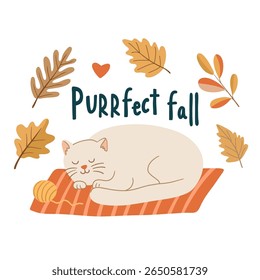 Ilustração de queda bonito com um gato creme dormindo em um tapete listrado, rodeado por folhas de outono e a frase Queda Purrfect.  Ideal para cartões de felicitações, cartazes ou decoração sazonal acolhedora