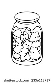 Cute Fall Jar. Vector Line Art Illustration  of a cute jar filled with fall leaves and mushrooms, creatively designed in black lines on an isolated cut out background.