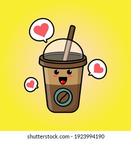 cute fall in love coffe cup cartoon mascot character with funny expression
