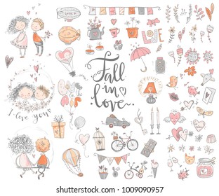 Cute fall in love collection. Nice romantic isolated elements. Flowers, couples, gifts, decorations and romantic atmosphere things. Vector illustration.