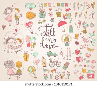 Cute fall in love collection. Nice romantic isolated elements. Flowers, couples, gifts, decorations and romantic atmosphere things. Vector illustration.