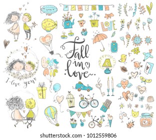 Cute fall in love collection. Nice romantic isolated elements. Flowers, couples, gifts, decorations and romantic atmosphere things. Vector illustration.