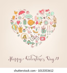 Cute fall in love heart illustration. Nice romantic isolated elements. Flowers, couples, gifts, decorations and romantic atmosphere things. Vector illustration.
