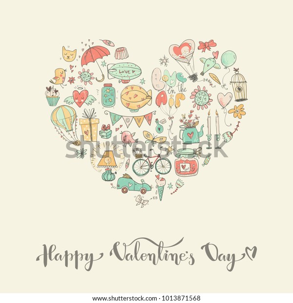 Cute fall in love heart
illustration. Nice romantic isolated elements. Flowers, couples,
gifts, decorations and romantic atmosphere things. Vector
illustration.