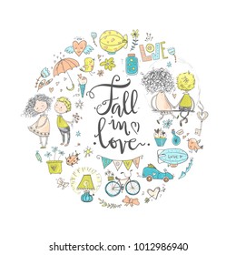 Cute fall in love round illustration. Nice romantic isolated elements. Flowers, couples, gifts, decorations and romantic atmosphere things. Vector illustration.