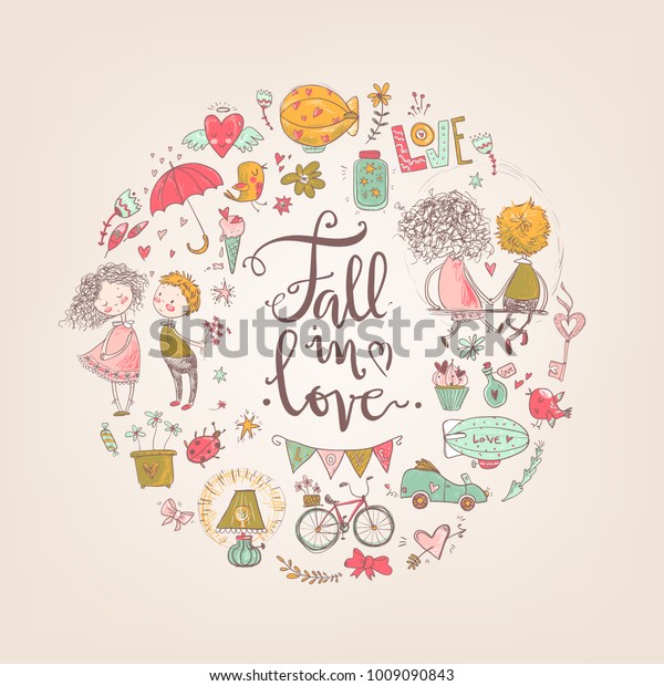 Cute fall in love round\
illustration. Nice romantic isolated elements. Flowers, couples,\
gifts, decorations and romantic atmosphere things. Vector\
illustration.