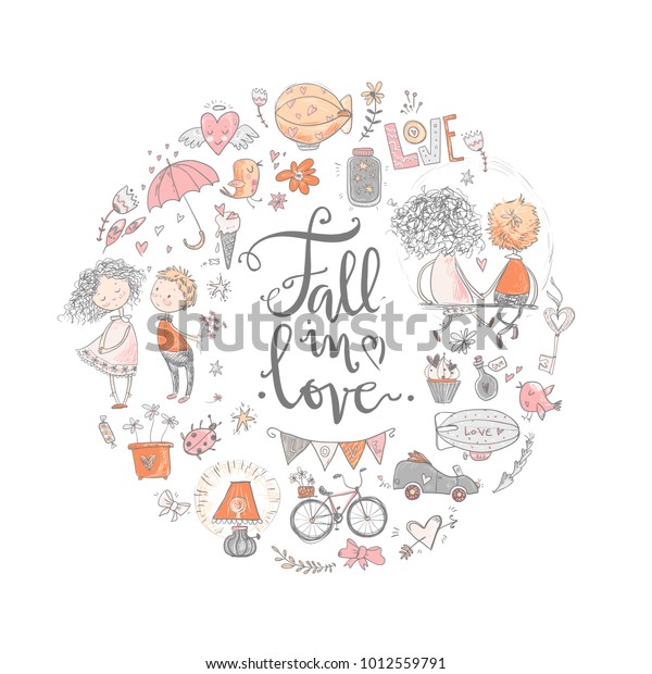 Cute fall in love round
illustration. Nice romantic isolated elements. Flowers, couples,
gifts, decorations and romantic atmosphere things. Vector
illustration.