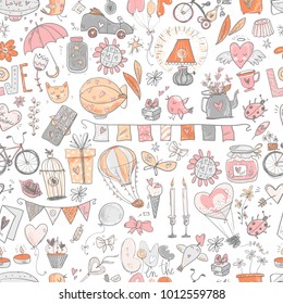 Cute fall in love seamless pattern. Nice romantic elements. Flowers, balloons, gifts, decorations and romantic atmosphere things. Vector illustration.