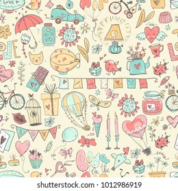 Cute fall in love seamless pattern. Nice romantic elements. Flowers, balloons, gifts, decorations and romantic atmosphere things. Vector illustration.