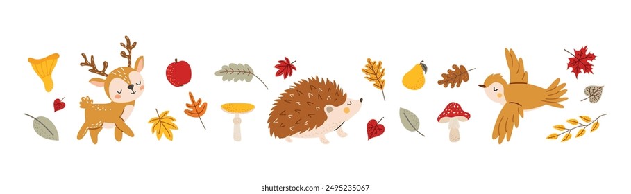 Cute fall set with forest animals and leaves. Hedgehog, deer and bird. Autumn simple illustration on white isolated background. Hand-drawn style. 