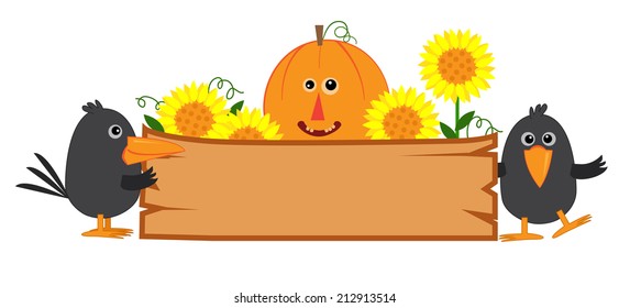 Cute Fall Sign - Cute fall banner with pumpkin, sunflowers and crows. Eps10