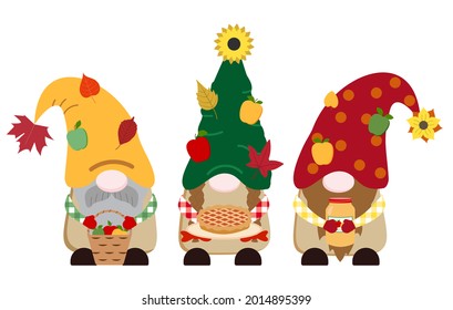 Cute fall vector gnomes illustration with apple basket, apple pie on a plate, apple jam in a glass jar, apples, leaves. Isolated on white background.