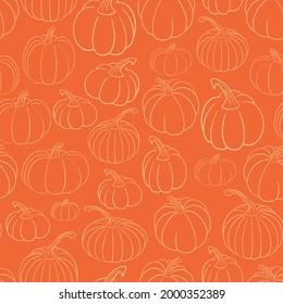 Cute fall vector seamless pattern, bright background with various hand drawn pumpkins in outline on vivid orange backdrop. Aesthetic season texture for Halloween, Thanksgiving cards, wallpaper.