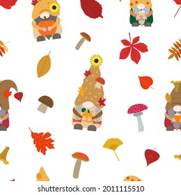 Cute fall vector seamless pattern gnomes in autumn colors with orange, yellow pumpkin, spice latte cup, coffee mug with cream and cinnamon, forest mushrooms, dry leaves. Isolated on white background.