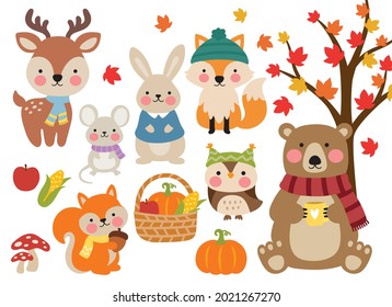 Cute Fall Woodland Animals Including A Bear, Deer, Fox, Mouse, Rabbit, Squirrel, And Owl In Sweater, Scarves And Hats Vector Illustration. Forest Animals In Autumn Illustration.