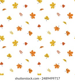 Cute falling Autumn leaves seamless pattern. Seasonal botanical forest background in orange yellow colors. Hand drawn tree leaf. Texture for cover, packaging, wallpaper, wrapping paper
