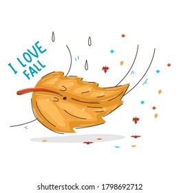 Cute falling leaf vector cartoon autumn character isolated on a white background.