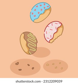 Cute falling mini donuts with love, ceres and zigzag lines.Vector Illustration