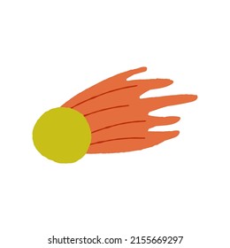 Cute falling, shooting comet with fire tail, celestial body. Vector hand-drawn illustration, t-shirt print design on isolated background.