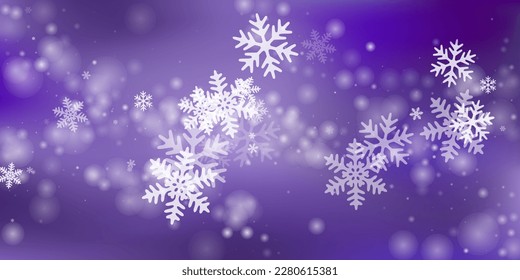 Cute falling snow flakes design. Wintertime dust freeze elements. Snowfall sky white purple background. Soft snowflakes new year theme. Snow hurricane scenery.