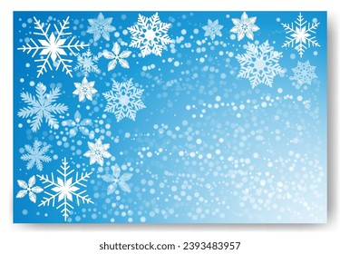 Cute falling snow flakes illustration. Wintertime speck frozen granules. Snowfall sky white teal blue wallpaper. Scattered snowflakes december theme. Snow hurricane landscape