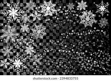 Cute falling snow flakes illustration. Wintertime speck frozen granules. Snowfall sky white teal transparent background. Scattered snowflakes december theme