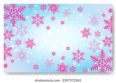 Cute falling snow flakes illustration. Wintertime speck frozen granules. Snowfall pink color teal blue wallpaper. Scattered snowflakes december theme. Snow hurricane landscape