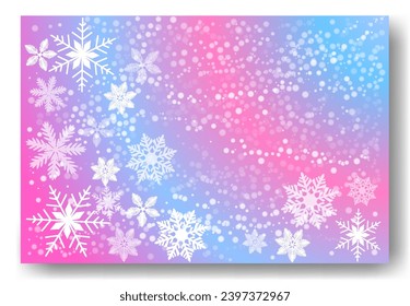 Cute falling snow flakes illustration. Wintertime speck frozen granules. Snowfall white color teal pink wallpaper. Scattered snowflakes december theme. Snow hurricane landscape