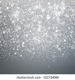 Cute falling Snow on the neutral Grey Background. Season decorative background. New Year holidays vector illustration. Sketch weather concept. Abstract particles fantasy. Cold blue sky.