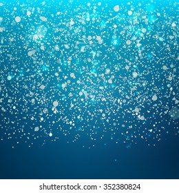 Cute falling Snow on the winter blue Background. Season decorative background. New Year holidays vector illustration. Sketch weather concept. Abstract particles fantasy. Cold blue sky.