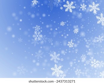 Cute falling snowflakes illustration. Wintertime dust crystallic elements. Snowfall sky white blue wallpaper. Glimmer snowflakes december vector. Snow nature landscape.