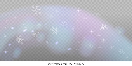 Cute caída de copos de nieve superpuesta con reflejos de arco iris frío. Formas de hielo de polvo de invierno. Fondo de pantalla transparente azul cielo nevado. Fuzzy copos de nieve tema de año nuevo. Vector nevado bg.