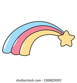 Cute falling star with big rainbow shine tail - colorful yellow,red and blue.Simple clip art design for kids.Beautiful comet illustration for baby nursery. Night bedtime theme element. Isolated vector