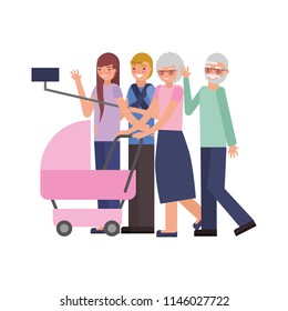 cute family with baby cart and pole selfie