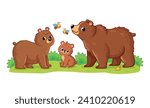 A cute family of bears stands in a green meadow on a white background. Vector illustration with cute forest animals in cartoon style. The bear cub with its Mom and Dad.
